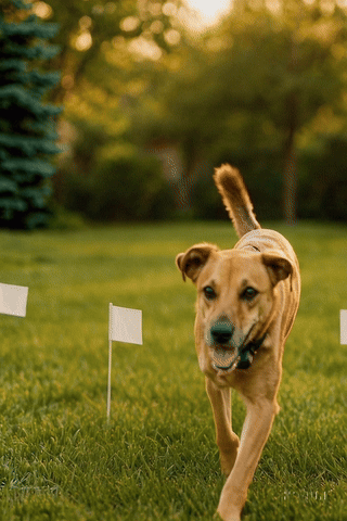 Animated demonstration: dog hears collar beep and retreats inside the safe zone