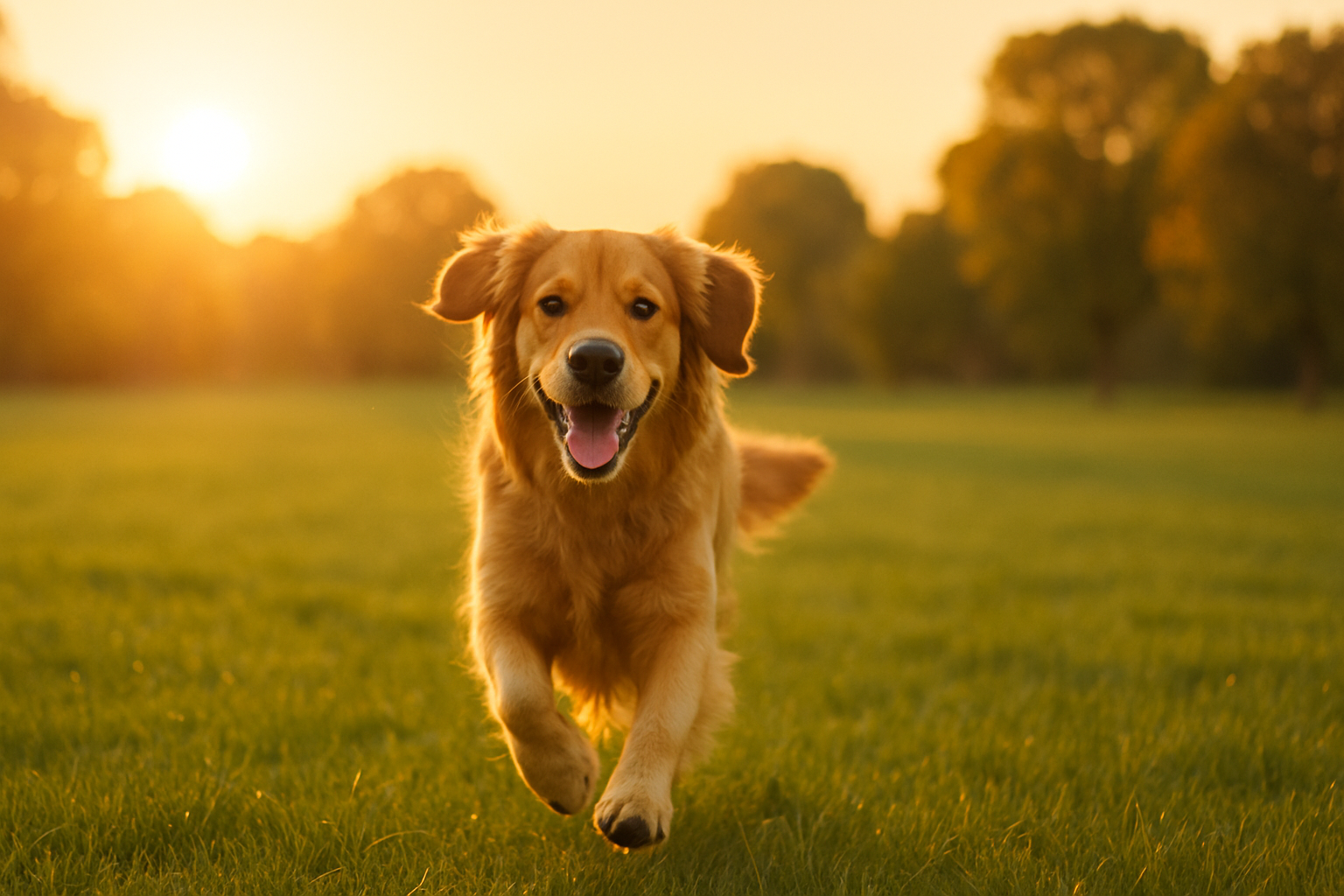Golden retriever running freely on a lawn with no visible fence