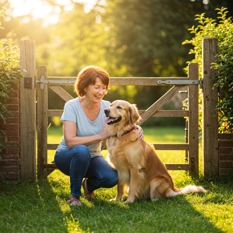 Happy dog owner kneeling next to her dog in an open yard