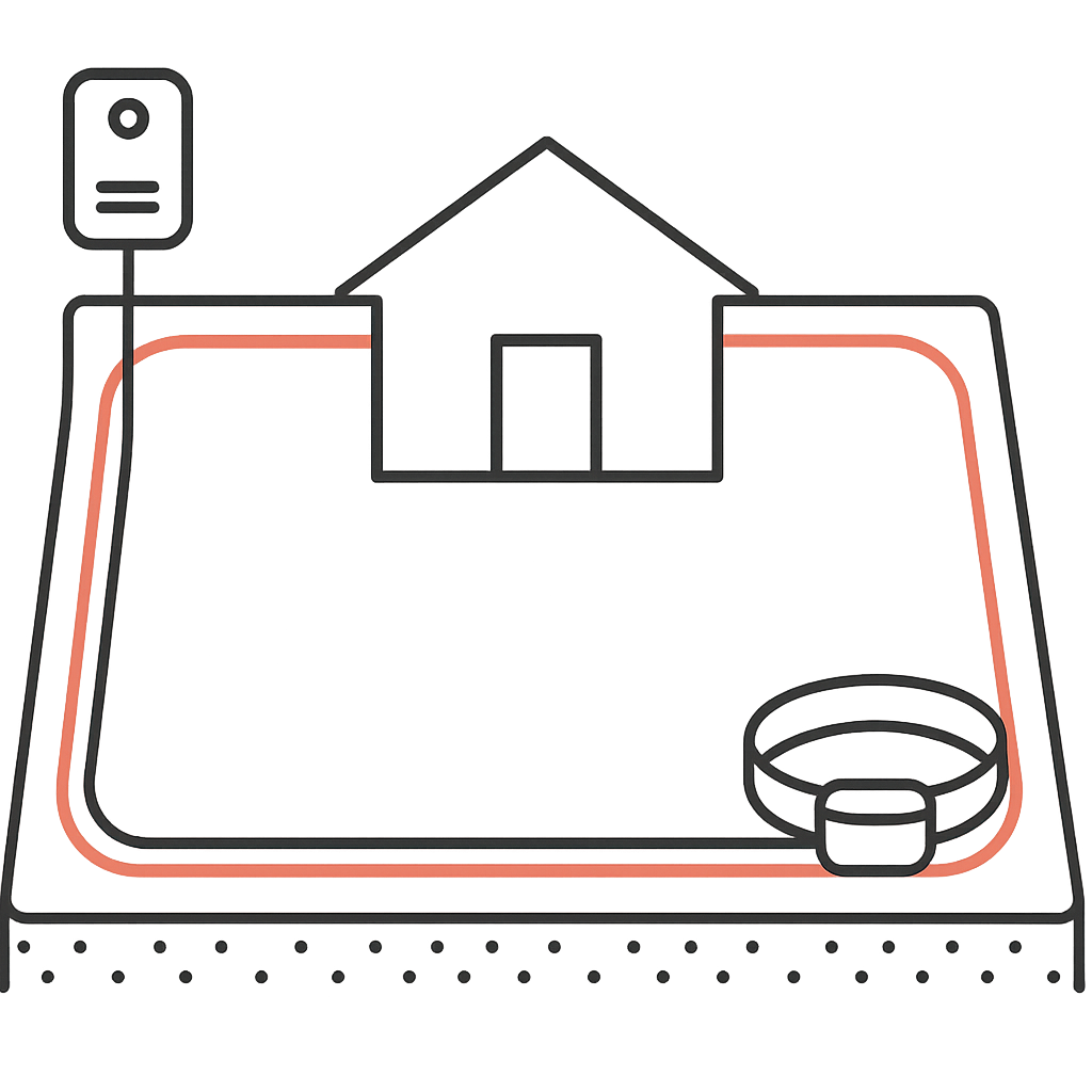 Diagram of a wired Invisible Fence loop buried around a rectangular yard